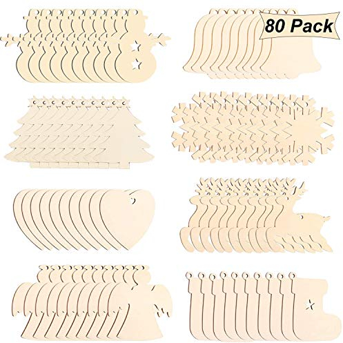 Gxhong 80 Stücke Holzanhänger Christbaumschmuck,8 Arten Basteln Holzanhänger Dekohänger zum Bemalen, DIY Weihnachtsdekoration Holz, Weihnachtsanhänger,Handwerkliche DIY Verzierungen für Weihnachten