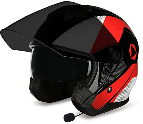 LHBM Bluetooth Casque de Moto Jet,Adultes Casque de Moto Ouverte avec Double Visière,Casque de Moto avec Microphone intégré pour réponse Automatique,ECE Homologué D,M=57-58cm