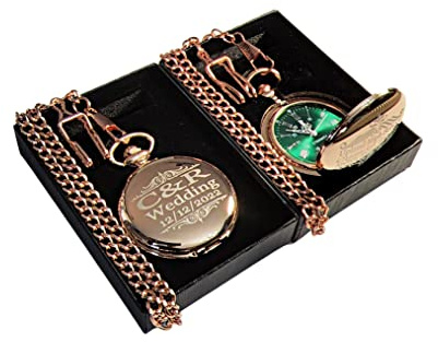 1 Engraved Pocket Watch - Comes with Fitted Custom Box, Chain and Engraving - Green dial with Silver Roman Numerals - Personalized Wedding Gifts (Rose Gold)