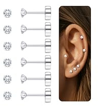 Diamday 6 par broskörhängen, för kvinnor, män, platt baksida, örhängeset, 316L kirurgiskt stål, Tragus, CZ, liten propeller, smycken, allergivänlig, piercing