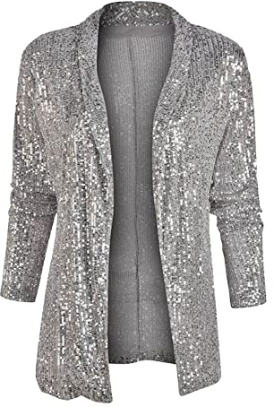 GRASWE Women's Casual Sequin Blazer Cardigan Top Party Cocktail Outerwear Coat Grey L