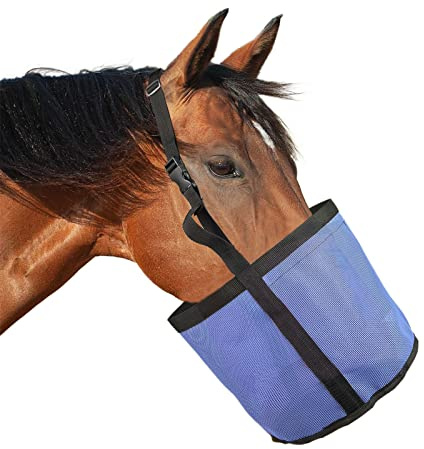 Sac d'alimentation pour chevaux, sac d'alimentation en grain en maille de PVC respirant robuste avec sangle réglable et fermeture à pression durable, idéal pour l'extérieur et l'intérieur (Bleu)
