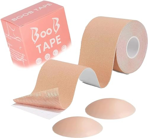 Ruban de Poitrine,Rubans pour Seins 5cm * 5m avec 2 Couvre-mamelons Réutilisables Soutien-Gorge Invisible pour Soulever et Soutenir Rubans Auto-adhésifs Sans Bretelles pour Femmes Gros Seins Tasse A-G