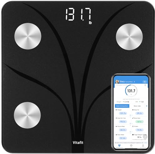 Vitafit Körperfettwaage Waage Personen Personenwaage digital mit APP 182kg, Professionelle Wägefabrik seit 2001, Körperanalysewaage mit Bluetooth, Körperwaage für Körperfett, BMI, Muskelmasse,Schwarz