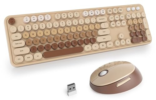 SOLIDEE Trådlöst tangentbord och mus-kombo,Retro Skrivmaskinstangentbord,2.4GHz Färgglatt Rundtangents tangentbord med nummerpad,104 tangenter Fullstorlek tangentbord(US Layout QWERTY)(Mixed Coffee)