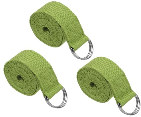 PATIKIL Cinghia da yoga per stretching 2,4 m, 3 pezzi, cintura da yoga in cotone con fibbia regolabile in metallo con anello a D elastici per fitness pilates, verde scuro