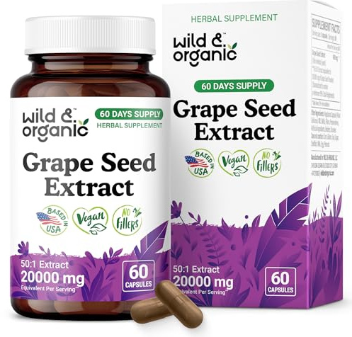 Wild & Organic Grape Seed Extract Capsules - Antioxidant Support - Grapeseed Extract 400 mg - 95% Polyphenols - 2 Month Supply - 60 Vegan Capsules - Non-GMO