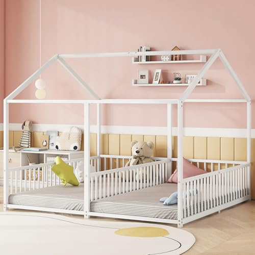 Dolamaní Bodenbett 180x200 cm 2 Kinder mit rausfallschutz, 90x200 cm Einzelbetten 2-in-1, Hausbett Metall Geschwister Bett, Kinderbett Bodentief (Weiß B)