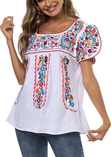 Mexican Shirts for Women Embroidered Tops Traditional Peasant Summer Tunic Blouse (M, E522W) B-White