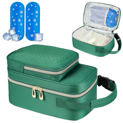 ZIOZERTT Sac de voyage isotherme pour lait maternel avec poche de glace, sac isotherme pour lait maternel avec poignée à boucle, vert