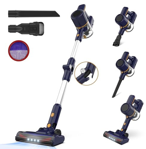 Aspirateur Balai sans Fil, Aspirateur sans Fil Puissant, Aspirateur Pliable, 40Min Autonomie, Brosse Anti-emmêlement, 6 en 1 Aspirateur sans Sac Léger Silencieux pour Sol Dur Tapis Poils d'animaux