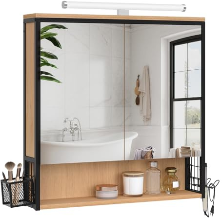 EUGAD Mobile da Bagno a Parete con Specchio e Luce LED, Mobile a Parete con 3 Scomparti, Mobile da Bagno con Cestino e Ripiano Interno Regolabile, Nero + Rovere, 70x14,5x70 cm