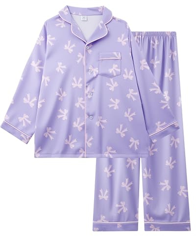 Cheerful Mario Satino Pigiami Due Pezzi per Bambina Maniche Lunghe Pyjamas Ragazza Sottile e Liscia Come la Seta Viola 12-13 Anni