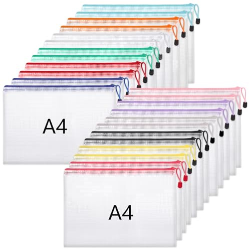 A4 Plastic Wallets, 24 Pack Zip Lock Bags Mesh Document Wallet | File Folders Zip Pouches with Labels for School Office Supplies Home Travel Storage, 12 Colors