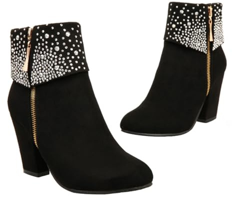 WESIEVYA Botines Cortos de Tacón Grueso con Brillo para Mujer Otoño Invierno Elegantes Botas de Boda Negras Talla Cómodos y Chic para Fiestas y Eventos Formales