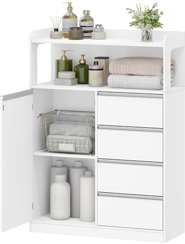 HEXCELEN Meuble Salle de Bain, Meuble Salle de Bain Rangement, 30 x 80 x 110 cm, Placard de Rangement avec 4 Tiroirs, Armoire Haut Salles de Bains, Étagères Réglables, Salles de Bains, Blanc-Argent
