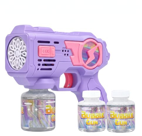 MaxBinTon Pistola de Burbujas, 1 Unidad, máquina automática de Burbujas con luz LED, con 2 x 80 ml de líquido de Burbujas, Juguete para Exteriores, Regalo para niños a Partir de 3 años, Color Morado