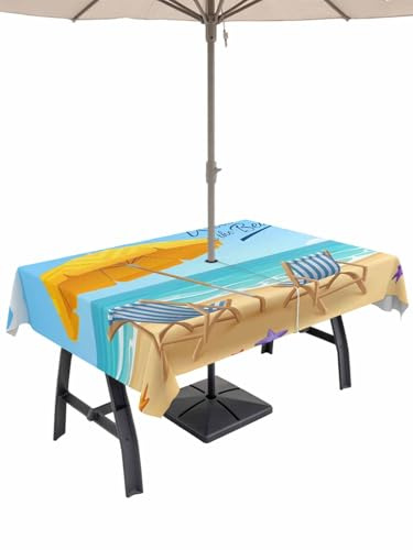 Welcome to The Beach Rectangle Outdoor Table Cloth with Umbrella Hole Zipper, Summer Watercolor Blue Ocean Loungers Starfish Waterproof Dining Tablecloth for Patio Garden Party Picnic Camping, 54x80