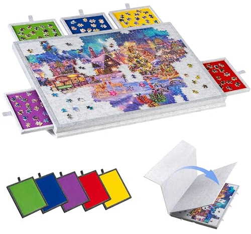 Malau - Plateau Puzzle 1000 Pièces avec Tiroirs et Housse – Table à Puzzle Inclinable, Support et Trieur Puzzle – Planche Portable en Feutre 77 x 53 cm – Rangement Puzzle (Blanc)