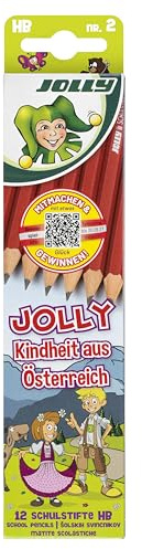 JOLLY Skolpennor HB nr 2, barndom från Österrike Edition, 12 stycken, grafitpennor för att skriva, rita, anteckningar, förvaringsförpackning, sexkantiga, okrossbara, ergonomisk design