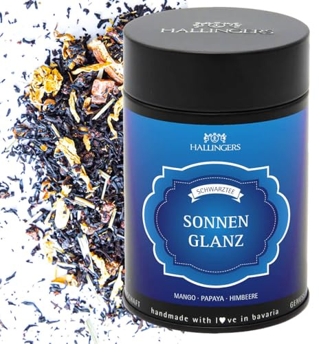 Hallingers Genuss Manufaktur Tee Geschenk - Loser Schwarz-Tee mit Mango, Papaya & Himbeere, edle Geschenkdose Sonnenglanz, Geschenkidee für Frauen & Teeliebhaber