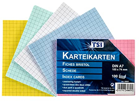 TSI Karteikarten farbig sortiert, 100er Packung, kariert, Größe: DIN A7 (105 x 74 mm), Art. Nr. 65857