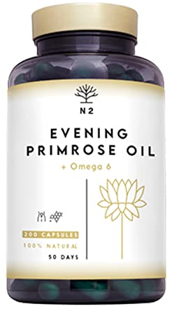 Olio di Enotera 200 Perle 2000 mg 10% GLA con Vitamina E e Omega 6. Equilibrio Ormonale. Integratore Menopausa e Sindrome Premenstruale. Antiossidante Per la Pelle, e Capelli. N2 Natural Nutrition