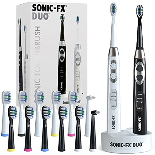 Sonic-FX Duo Rechargeable Electric Toothbrush Set - with 14 Brush Heads, 3 Modes, Smart Auto-Timer, Charging Dock Holder - Dual Handle Electric Tooth Brush for Adults & Kids, Black and White