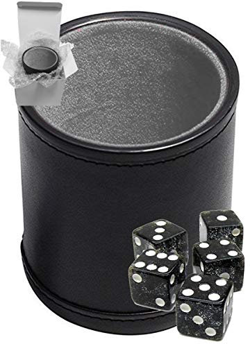 Set mit 16 mm großen, transparenten Glitzer-Ecken, Würfelbecher aus schwarzem PU-Leder mit Plüschsamt gefüttert – in Geschenkbox (schwarzer Glitzer, grauer Futter)