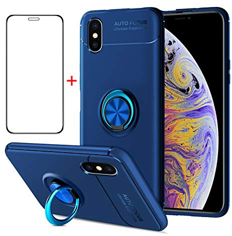 AKABEILA Handyhülle Schutzfolie iPhone XS Max Hülle Schutzfolie Handyhülle Silikon, kompatibel für iPhone XS Max Hülle Case Schutzhülle Telefonhalter Stoßfest Ring Griff Ständer, Blau