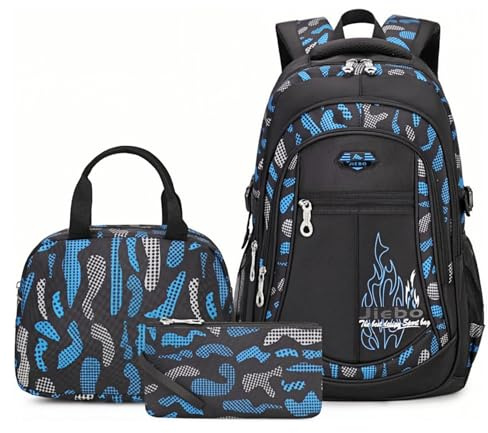 3Pcs Camo-Print Primary School Backpack and Lunch-Bag Set for Boys Camouflage Elementary Bookbag Rucksack Waterproof