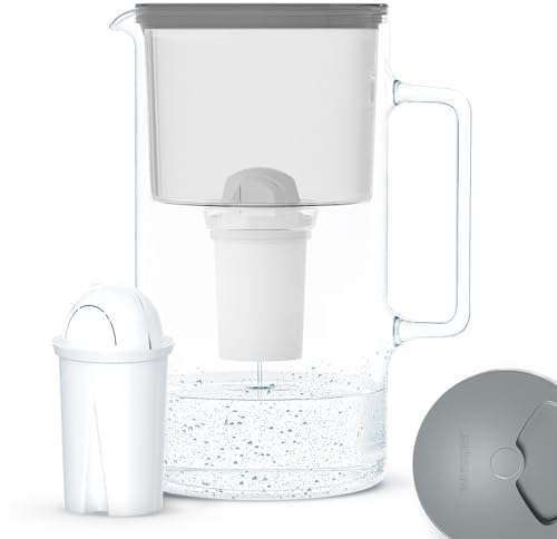 Wessper Jarra Filtradora De Vidrio Con 1 Cartucho De Filtro, Compatible Con El Filtro Brita Classic, Reduce La Cal, El Cloro Y Los Microplásticos, 3 Litros, Gris