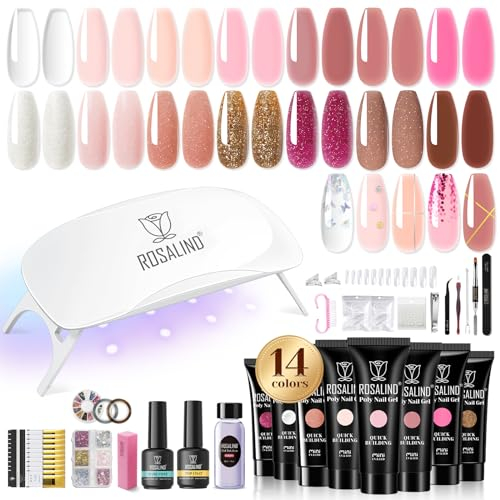 ROSALIND Kit Ricostruzione Unghie Gel Completo, Kit Unghie Gel Completo con Mini UV/LED Lampada, 14 Colori poligel per Unghie con Base y Top Coat per Principianti