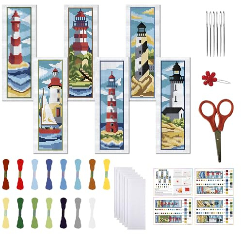 FREEBLOSS 6 Set Lesezeichen Kreuzstich Sets, Stick Lesezeichen Kreuzstich Sets Mit Anleitung, Leuchtturm Landschaftsmuster, Kreuzstich Set Für Anfänger, Lesezeichen Herstellungsset als Geschenk