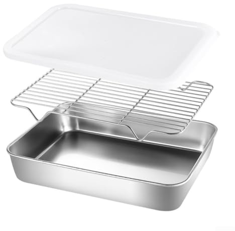 Emiif Plaque de cuisson en acier inoxydable avec grille pour four et plaque à biscuits (31 x 24 x 5 cm)