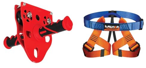 Fusion Climb Z-Max 23kN Heavy Duty Double Pulley Trolley and Kids Climbing Harness Bundle for Zipline, Climbing, and Playground Equipment
