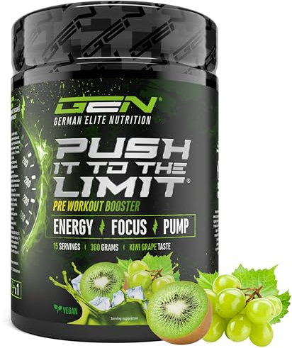 Push it to the Limit - Pre Workout avec L-Arginine + Citrulline + L-Tyrosine + L-Théanine + L-Carnitine + AAKG + Taurine + Racine de Rhodiola + Caféine - Haute dose - 360g - Kiwi raisin