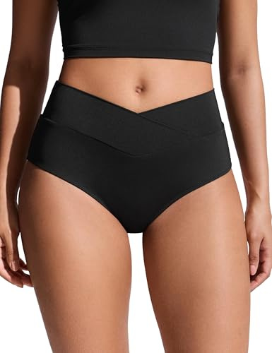 CRZ YOGA Taille Haute Bas de Bikini en V | Coupe Jambe Moyenne, Couverture Modérée, Croix Devant, Natation, Slip de Bain pour Femme
