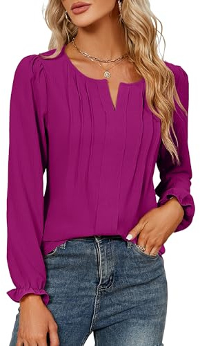 Blooming Jelly Womens Tops Dressy Casual V Neck Long Sleeve Shirts Cute Clothes Fall Blouses(Large,Fuchsia)