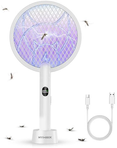 Nymrix Electric Fly Swatter Racket, 2 in 1 Mosquito Bug Zapper 4100V Handheld Mosquito Killer with 1800 mAh Rechargeable Battery, Purple Light and 3-Layer Safety Mesh for Indoor Outdoor Grey