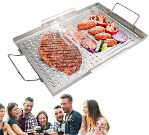 Piastra piatta per barbecue, in acciaio inox, con struttura resistente e manici resistenti al calore, per grigliare carne, verdure e cibi per la colazione, 1 pezzo