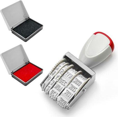 Tampon Dateur, Dateur à Encrage Séparé, Kit de Marquage d'Œufs, 2 Tampons Encreurs Rouge et Noir, Caoutchouc 4mm, Changement de la date avec les Molettes