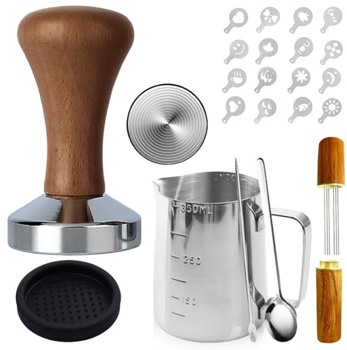 GOMETY Set di tamper per caffè, 51 mm, set da 22 pezzi, accessori per barista, con brocca per latte, tappetino per sandalo, cucchiaio per mescolare latte e modellini per macchina espresso