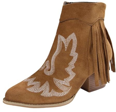 Generisch Stivaletti da donna con frange, stivali corti, con chiusura lampo, casual, comodi, scarpe invernali, marrone, 40 EU