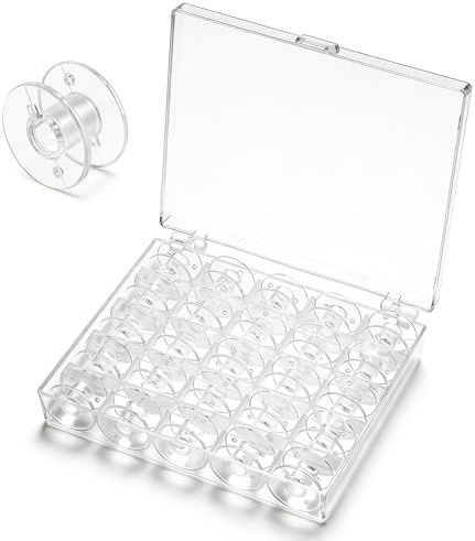 LXUEJIE 2 Boxes Total 50 Pcs Bobbins for Sewing Machine, Clear Plastic Bobbin with Organizer Box, Universal Replacement, Plastic Bobbins, Easy to Use & See Thread Level