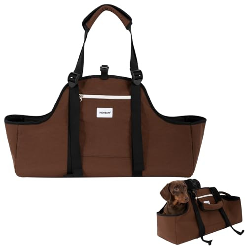 Duuclume Borsa portatile per cani, in nylon leggero, impermeabile, bassotto, borsa a tracolla per cani a corpo lungo, fino a 8 kg, con apertura a forma di U e clip anti-fuga (marrone)