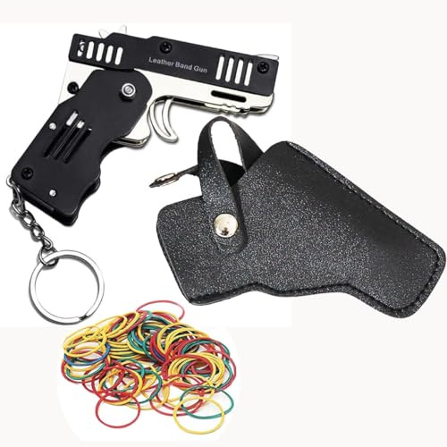 Mini Rubber Band Gun Metal Folding Gun Keychain with 100 Rubber Bands Made Entirely of zinc-Iron Alloy Material Sturdy and Durable (Black Leather Holster)