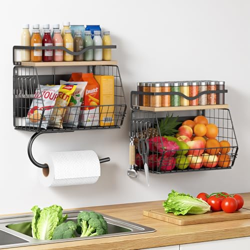 Housolution 2 Stück Obstkorb zur Wandmontage mit Holzdeckel, Hängender Küchenkorb für Obst und Gemüse, Kartoffel- und Zwiebelhalter mit Papierhandtuchhalter für die Küchenarbeitsplatte