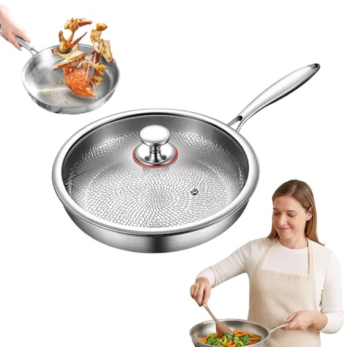 100% ren titan non-stick stekpanna 28 cm, hamrad Nutri matlagningspanna med lock, diskmaskinssäker, kompatibel med alla spisar och ugnar