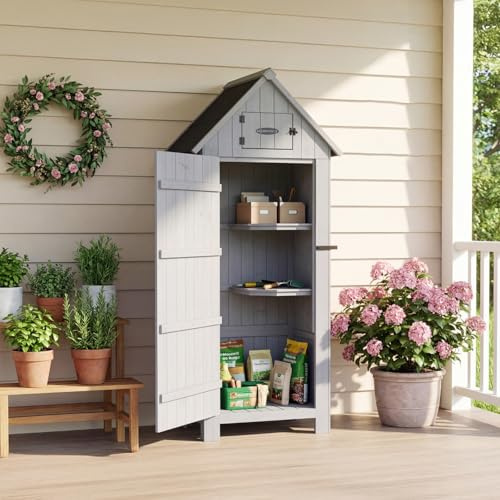 HOMAVO Abri de Jardin en Bois, Armoire de Rangement Extérieure | Toit en appentis, plancher intégré, 3 étagères, bois de cèdre résistant aux intempéries